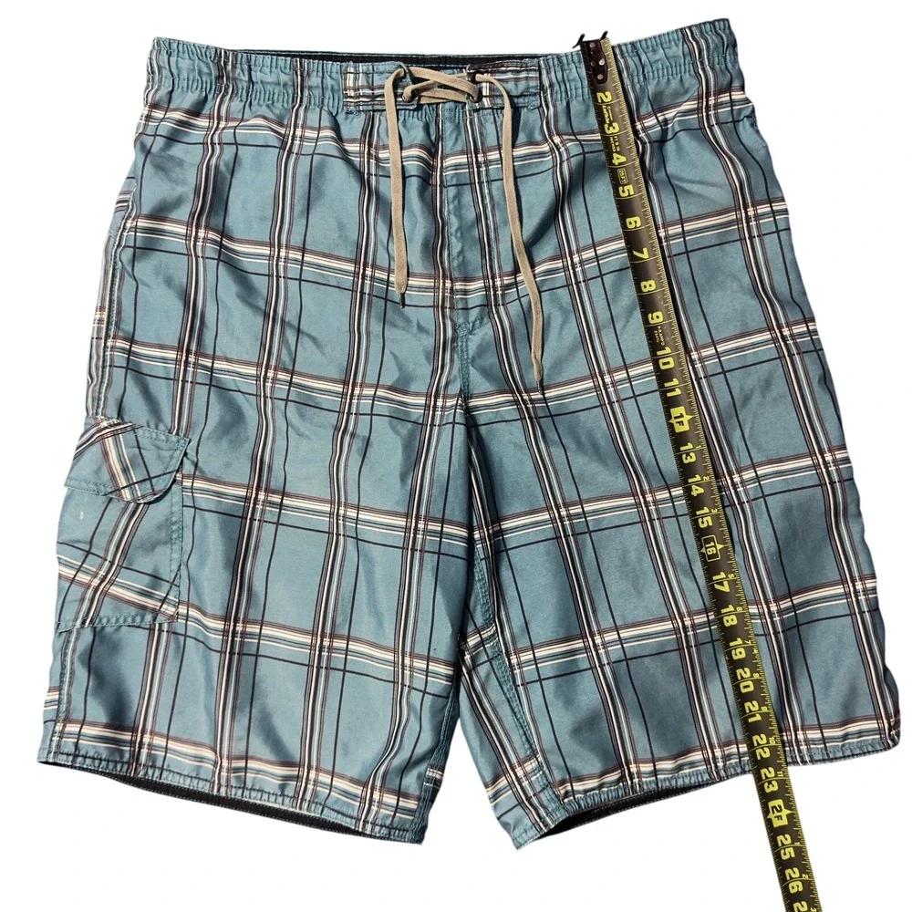 Burnside Board Shorts Mens Medium Blue Plaid Swim Trunks Cargo Pocket Drawstring